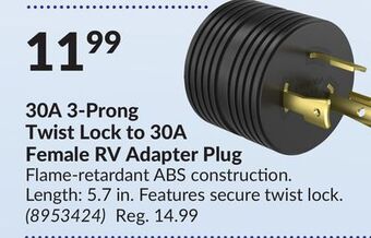 Princess Auto 30a 3-prong twist lock to 30a female rv adapter plug offer