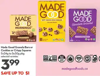 Longo's Made Good Granola Bars or Cookies Or Crispy Squares 5x24g to 5x30g offer