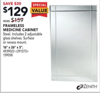 Lowe's Zenith frameless medicine cabinet 16" x 26" x 5" offer
