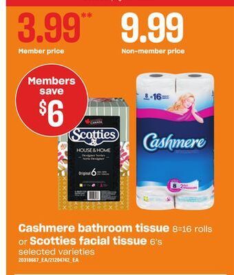 Independent Grocer Cashmere bathroom tissue, 8=16 rolls or scotties facial tissue, 6's offer