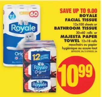 No Frills Royale facial tissue, 12x100 sheets or bathroom tissue, 30=60 rolls or majesta paper, 12=18 rolls offer