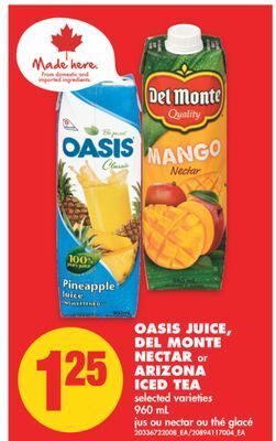 No Frills Oasis juice, del monte nectar or arizona iced tea, 960 ml offer