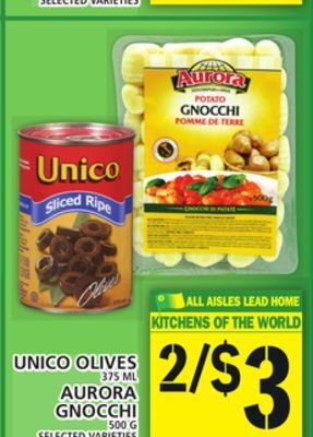 Food Basics Unico olives or aurora gnocchi offer