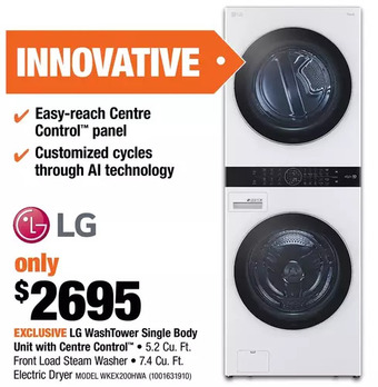 Home Depot Lg washtower single body unit with centre control offer