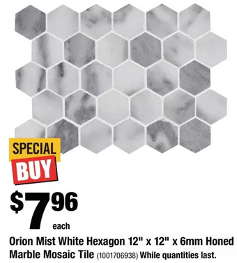 Home Depot Orion mist white hexagon 12" x 12" x 6mm honed marble mosaic tile offer