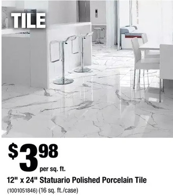 Home Depot 12" x 24" statuario polished porcelain tile offer