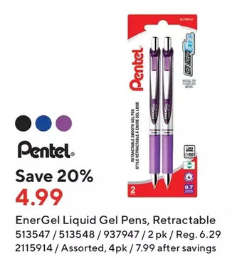 Staples Pentel energel liquid gel pens offer
