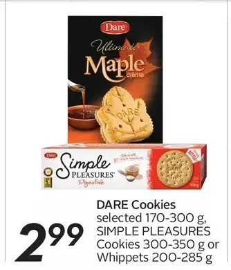Sobeys Dare cookies, simple pleasures cookies or whippets offer