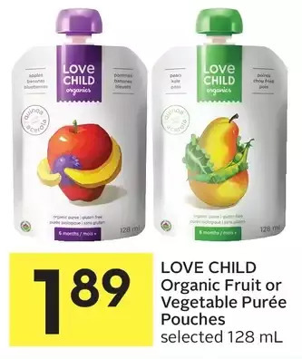 Foodland Love child organic fruit or vegetable purée pouches offer