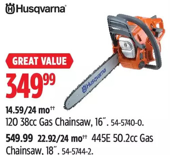 Canadian Tire Husqvarna 120 38cc gas chainsaw, 16" | 445e 50.2cc gas chainsaw, 18" offer
