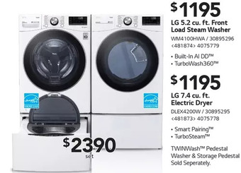 RONA Lg 5.2 cu. ft. front load steam washer | lg 7.4 cu. ft. electric dryer offer