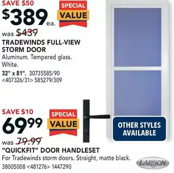 RONA Larson tradewinds full-view storm door | "quickfit" door handleset offer