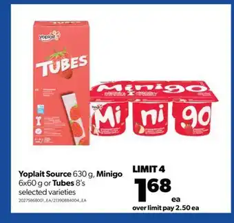 Real Canadian Superstore Yoplait source, 630 g, minigo, 6x60 g or tubes, 8's offer