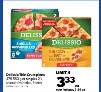 Real Canadian Superstore Delissio thin crust pizza, 475-550 g or singles, 2's offer