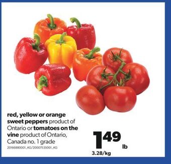 Real Canadian Superstore Red, yellow or orange sweet peppers or tomatoes on the vine offer