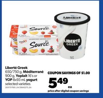 Real Canadian Superstore Liberté greek 650/750 g, méditerrané 900 g, yoplait 16's or yop 8x93 ml yogurt offer