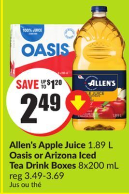 Chalo FreshCo Allen's apple juice 1.89 l oasis or arizona iced tea drink boxes 8x200 ml offer