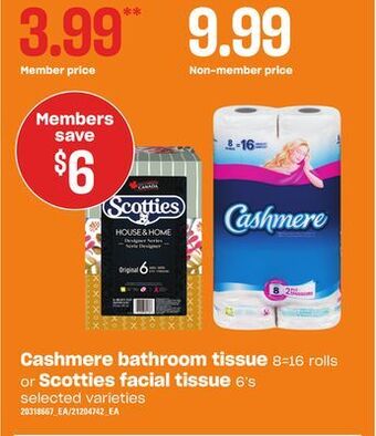 Loblaws Cashmere bathroom tissue, 8=16 rolls or scotties facial tissue, 6's offer