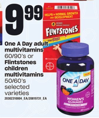 Loblaws One a day adult multivitamins 60/90's or flintstones children multivitamins, 50/60's offer