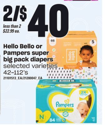 Loblaws Hello bello or pampers super big pack diapers, 42-112's offer