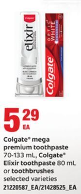 Loblaws Colgate® mega premium toothpaste, 70-133 ml, colgate® elixir toothpaste, 80 ml or toothbrushes offer