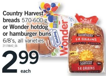 Fortinos Country harvest breads, 570-600 g or wonder hotdog or hamburger buns, 6/8's offer