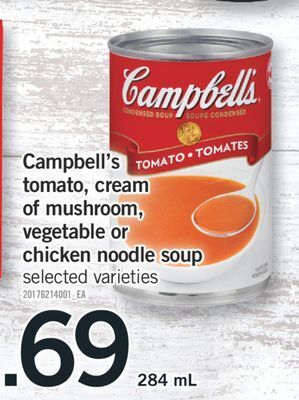 Fortinos Campbell's tomato, cream of mushroom, vegetable or chicken noodle soup, 284 ml offer