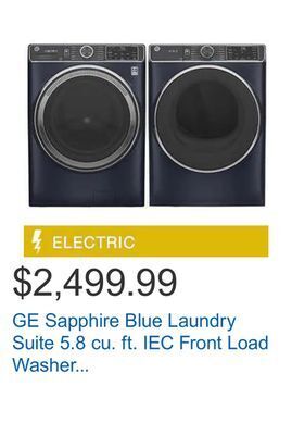 Costco Ge sapphire blue laundry suite 5.8 cu. ft. iec front load washer with built-in wi-fi and 7.8 cu. ft. dryer with steam and san offer
