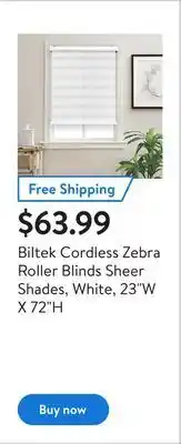 Walmart Biltek cordless zebra roller blinds sheer shades, white, 23"w x 72"h offer