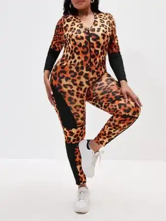 SheIn Plus softness leopard binding half zipper sports jumpsuit offer