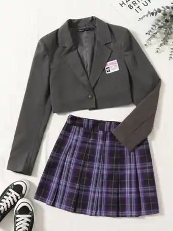 SheIn Shein patch detail crop blazer & tartan print pleated skirt offer