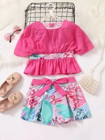 SheIn Shein toddler girls floral print batwing sleeve blouse & belted pleated shorts offer