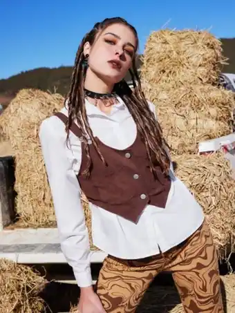 SheIn Romwe goth cowgirl solid button front blouse & button cami offer