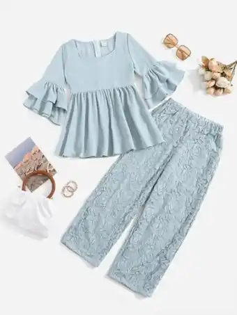 SheIn Shein girls trumpet sleeve peplum top & lace pants offer