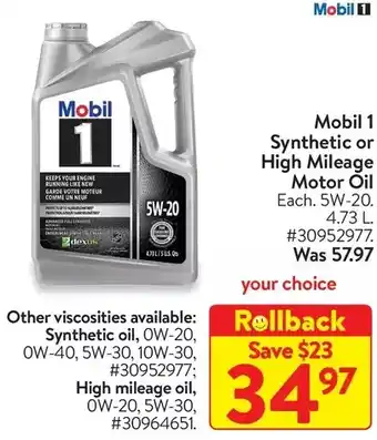 Walmart Mobil 1 synthetic or high mileage motor oil | synthetic oil | high mileage oil offer