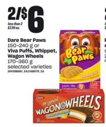 Loblaws Dare bear paws or viva puffs, whippet, wagon wheels offer