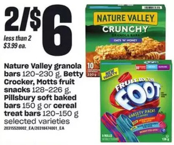 Loblaws Nature valley granola bars, betty crocker, motts fruit snacks, pillsbury soft baked bars or cereal treat bars offer