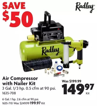 Home Hardware Air compressor with nailer kit: 3 gal. 1/3 hp | 6 gal. 1 hp offer