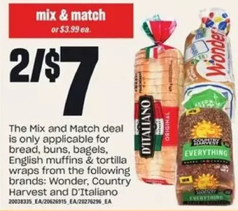 Independent Grocer Wonder, country harvest and d'italiano bread, buns, bagels, english muffins & tortilla wraps offer
