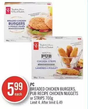 Shoppers Drug Mart Pc breaded chicken burgers, pub recipe chicken nuggets or strips offer
