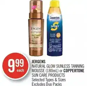 Shoppers Drug Mart Jergens natural glow sunless tanning mousse or coppertone sun care products offer