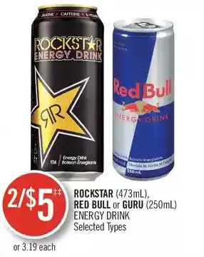 Shoppers Drug Mart Rockstar, red bull or guru energy drink offer