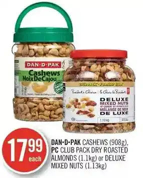 Shoppers Drug Mart Dan-d-pak cashews, pc club pack dry roasted almonds or deluxe mixed nuts offer