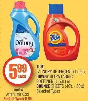 Shoppers Drug Mart Tide laundry detergent, downy ultra fabric softener or bounce sheets offer