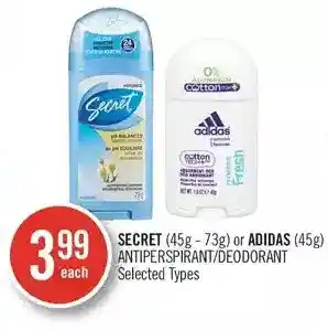 Shoppers Drug Mart Secret or adidas antiperspirant/deodorant offer