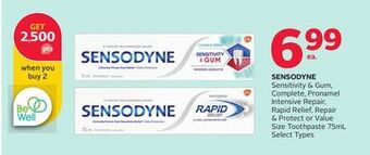 Rexall Sensodyne sensitivity & gum, complete, pronamel intensive repair, rapid relief, repair & protect or value size toothpaste offer