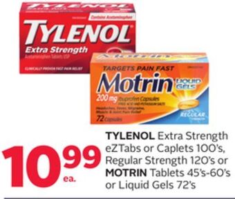 Rexall Tylenol extra strength eztabs or caplets 100's, regular strength 120's or motrin tablets 45's-60's or liquid gels 72's offer