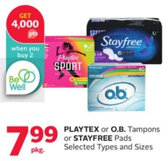 Rexall Playtex or o. b. tampons or stayfree pads offer