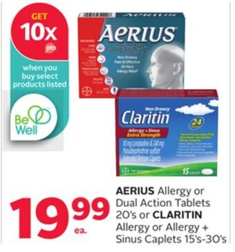 Rexall Aerius allergy or dual action tablets 20' s or claritin allergy or allergy + sinus caplets 15' s-30' s offer