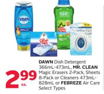 Rexall Dawn dish detergent 366ml-473ml, mr. clean magic erasers 2-pack, sheets 8-pack or cleaners 473ml-828ml or febreze air care offer